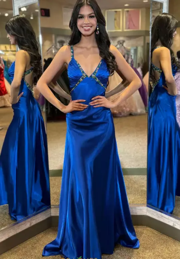 Beaded V Neck Satin Long Dress 4321^Jasz Couture Clearance