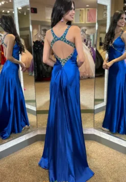 Beaded V Neck Satin Long Dress 4321^Jasz Couture Clearance