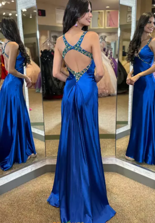 Beaded V Neck Satin Long Dress 4321^Jasz Couture Clearance