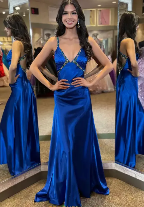 Beaded V Neck Satin Long Dress 4321^Jasz Couture Clearance