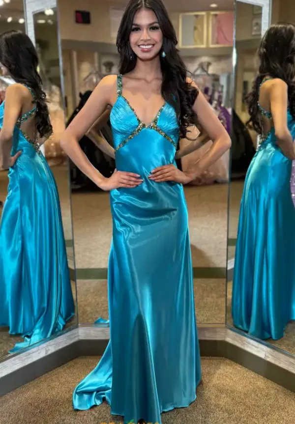 Beaded V Neck Satin Long Dress 4321^Jasz Couture Clearance