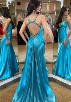 Beaded V Neck Satin Long Dress 4321^Jasz Couture Clearance