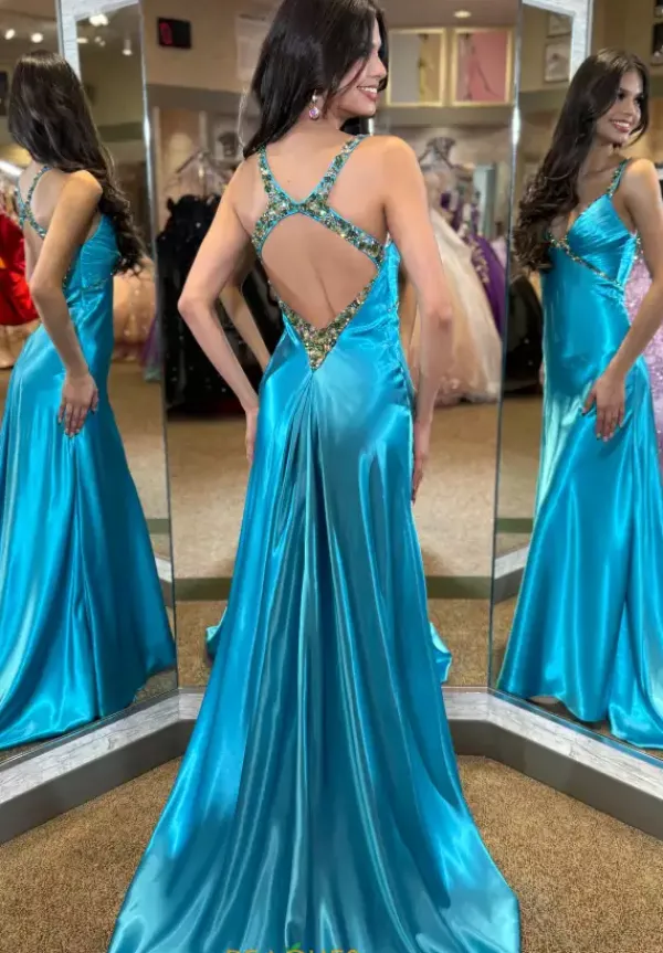 Beaded V Neck Satin Long Dress 4321^Jasz Couture Clearance