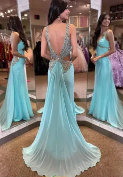 V Neck Fitted Long Dress 4332^Jasz Couture Outlet