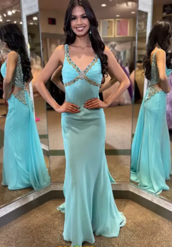 V Neck Fitted Long Dress 4332^Jasz Couture Outlet
