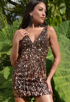 V Neck Sequins Short Dress 1706^Jasz Couture Best